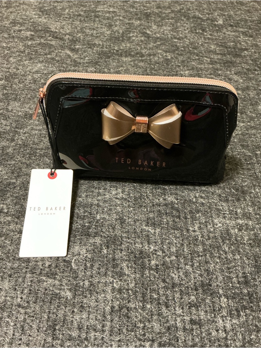 Ted Baker Black Patent Cosmetic Pouch with Gold Bow